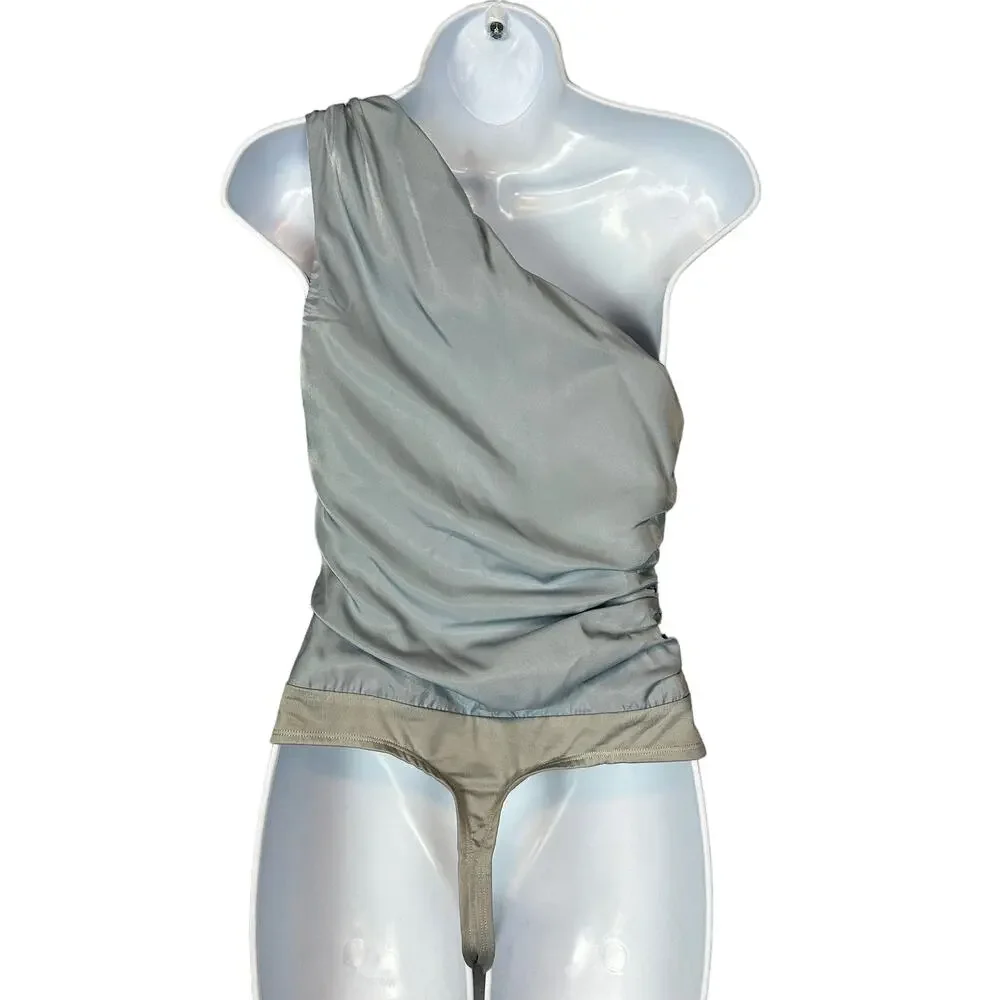 NBD Dusty Blue One Shoulder Ruched Top Bodysuit SMALL Satin Party Designer $128 - Picture 8 of 10
